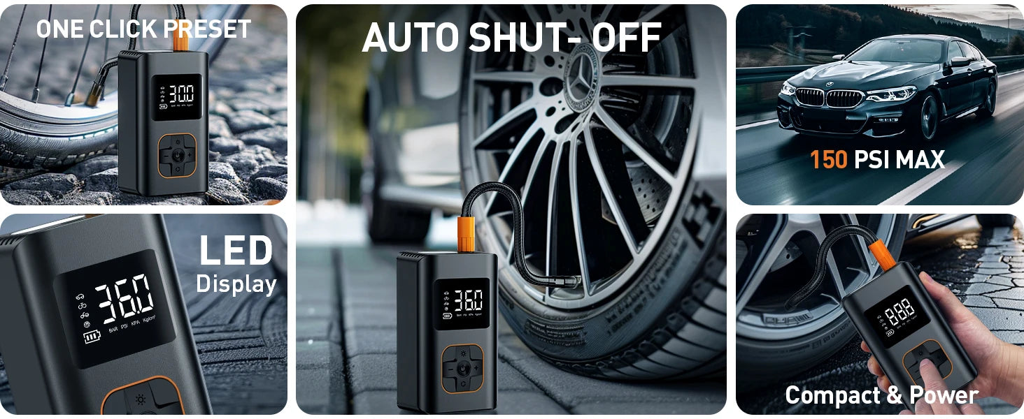 Portable 8000mAh Cordless Tire Inflator-150PSI Fast Air Compressor for car, Motorcycle, Bike and Sports /balls