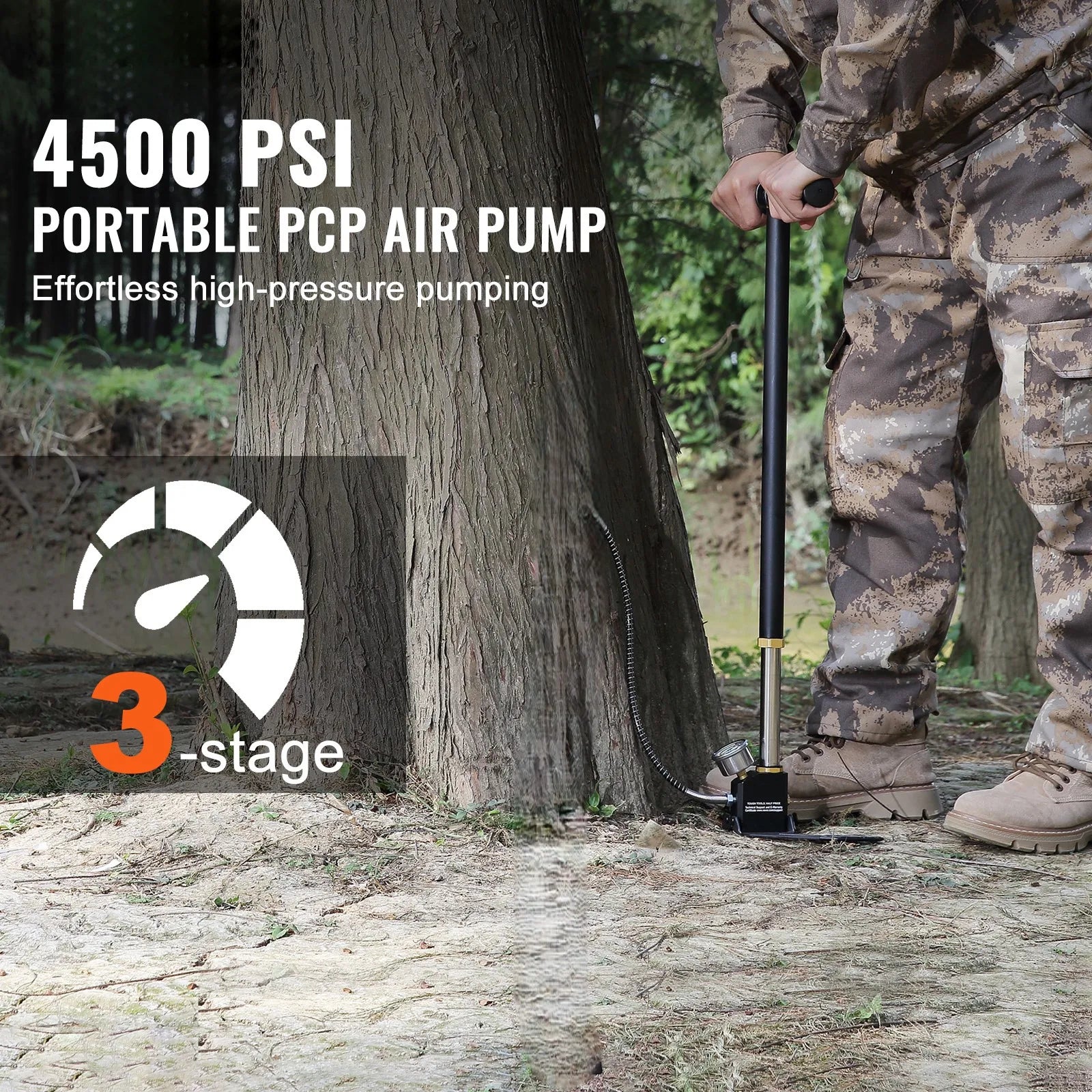 SucceBuy 3 Stage PCP Pump 30MPa 4500PSI Pressure Gauge Air Hand Stirrup Pump for Car Bicycle Tire Scuba Tank Paintball Filling