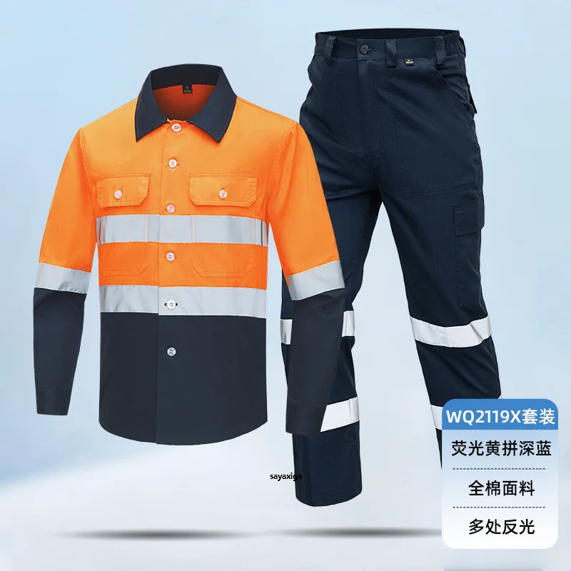 100% Cotton Reflective Safety Work Suit Hi Vis Work Coverall Traffic Road Clothing Construction Engineer Protective Work Uniform