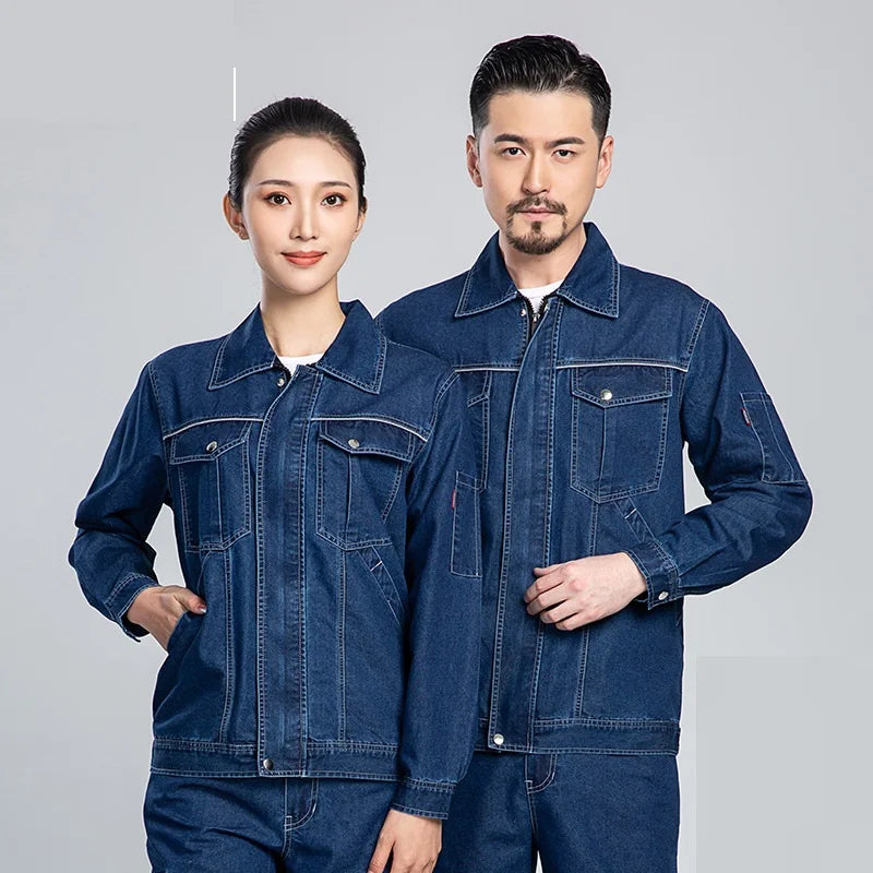 Summer Denim work clothes for men women Reflective stripe safety working Uniform Mechanic repairman worker Coverall welding Suit