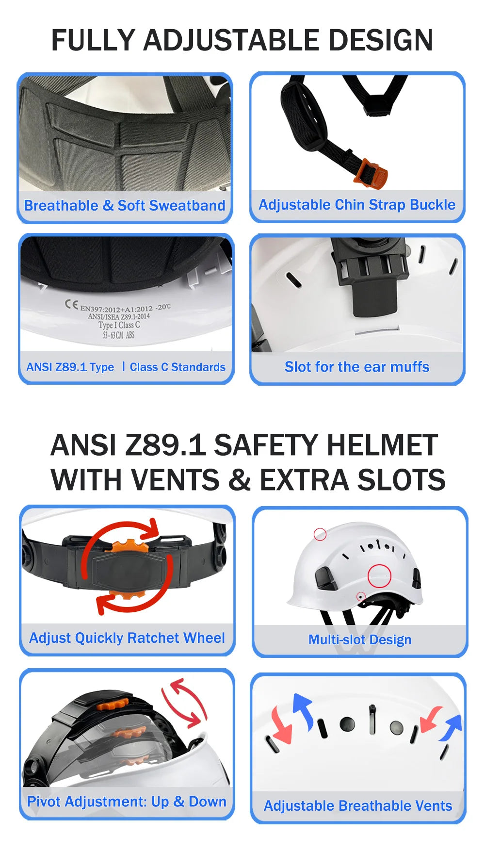 CE Safety Helmet Lightweight ABS Hard Hat w/ Adjustable Ventilation System Safety Cap Construction Working Head Protection ANSI