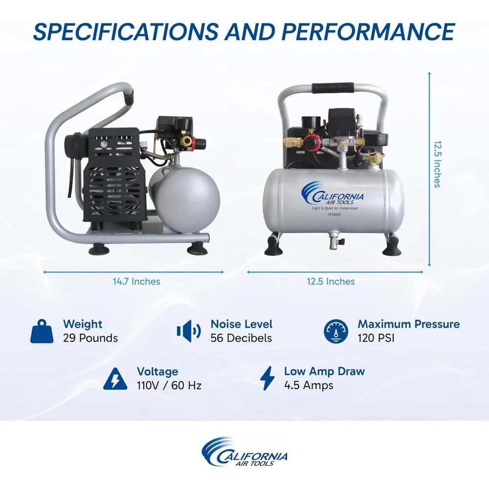 California Air Tools CAT-1P1060S Light Quiet Portable Air Compressor Lightweight Ultra Quiet Oil-Free 1 Gallon Tank 6 HP 56 dBA
