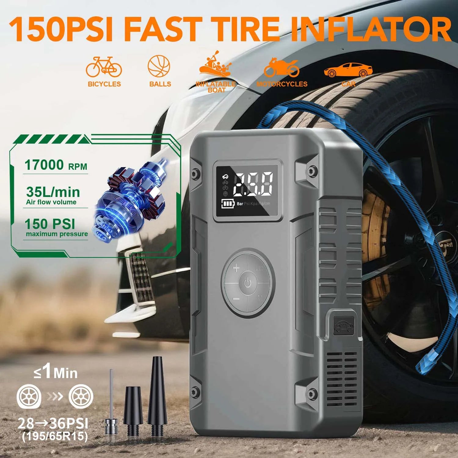 5-IN-1 Jump Starter 7000A,12V Car Battery Jump Starter with Air Compressor (Up to All Gas or 10.0L Diesel Engine)