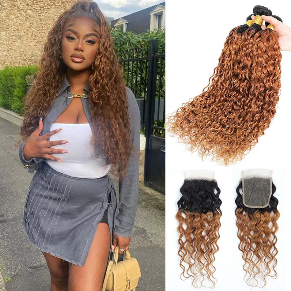 10A Malaysia Hair Ombre Curly Water Wave Bundles Human Hair with closure Highlight Water Wave Bundles With Closure Honey Blonde