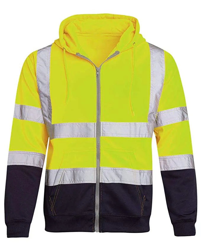 Reflective Strip Men Hoodie Coat Safe Warning Drawstring Zipper Long Sleeve Sanitation Overalls Outdoor Work Safety Jacket