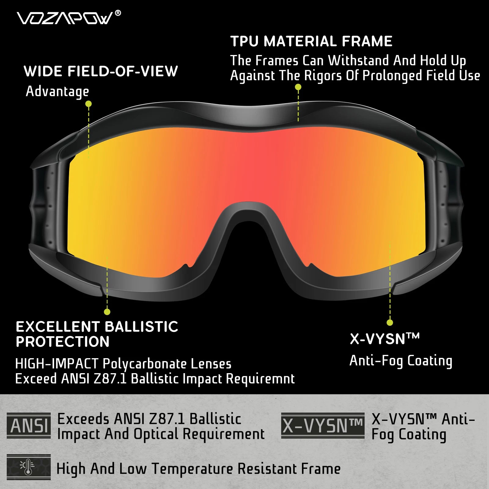 Vozapow Professional Shooting Glasses Anti Fog Impact Resistant Safety Sunglasses UV400 Mountaineering Airsoft Tactical Goggles
