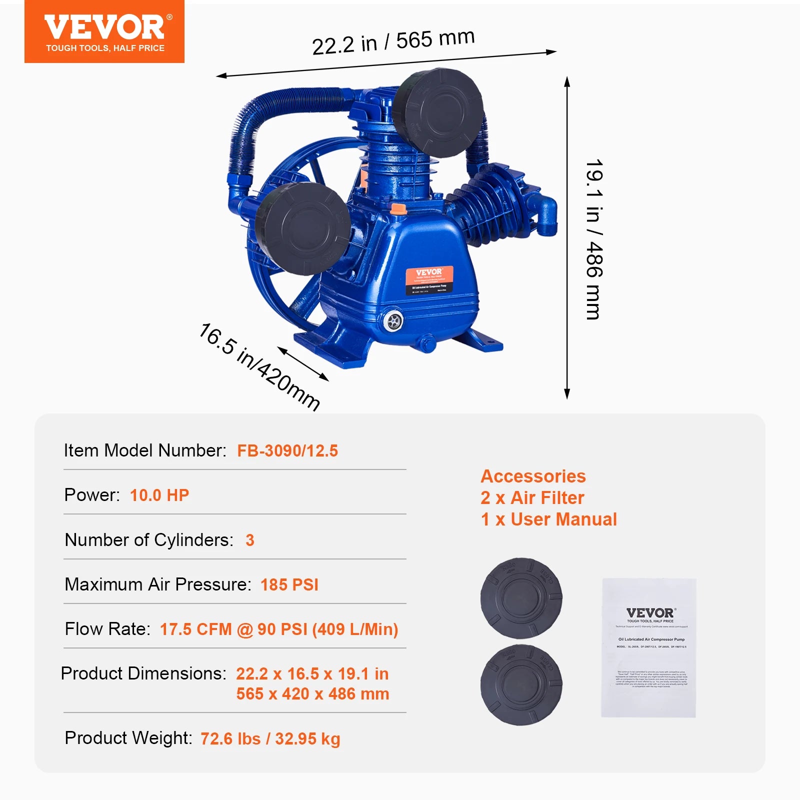 SucceBuy 10HP Air Compressor Pump Head 90PSI 3Cylinder Oil Lubricated Air Compressor Piston Head Dual Stage VType Air Compressor