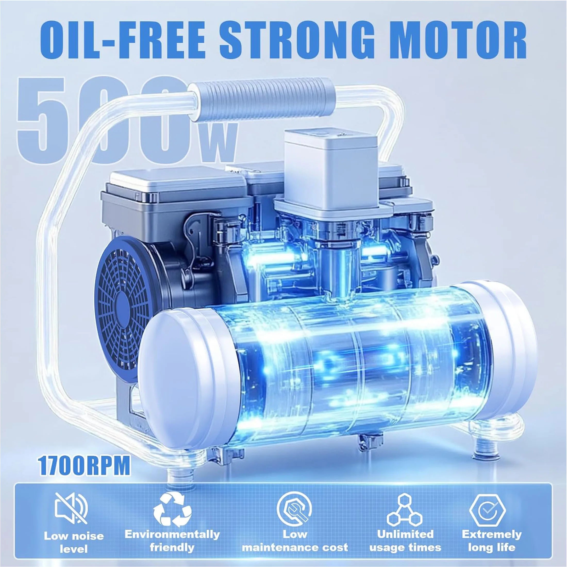 AZZUNO 500W Air Compressor Quiet Oil-free Portable Air Pump for Home Repair Tire Inflation Whisper Compressor