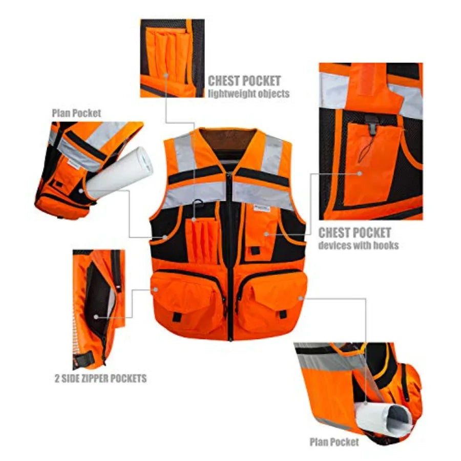 SUXIBIP 10 Pockets Safety Vest for Men and Women High Visibility vest with 3M Reflective Strips Oxford Fabric