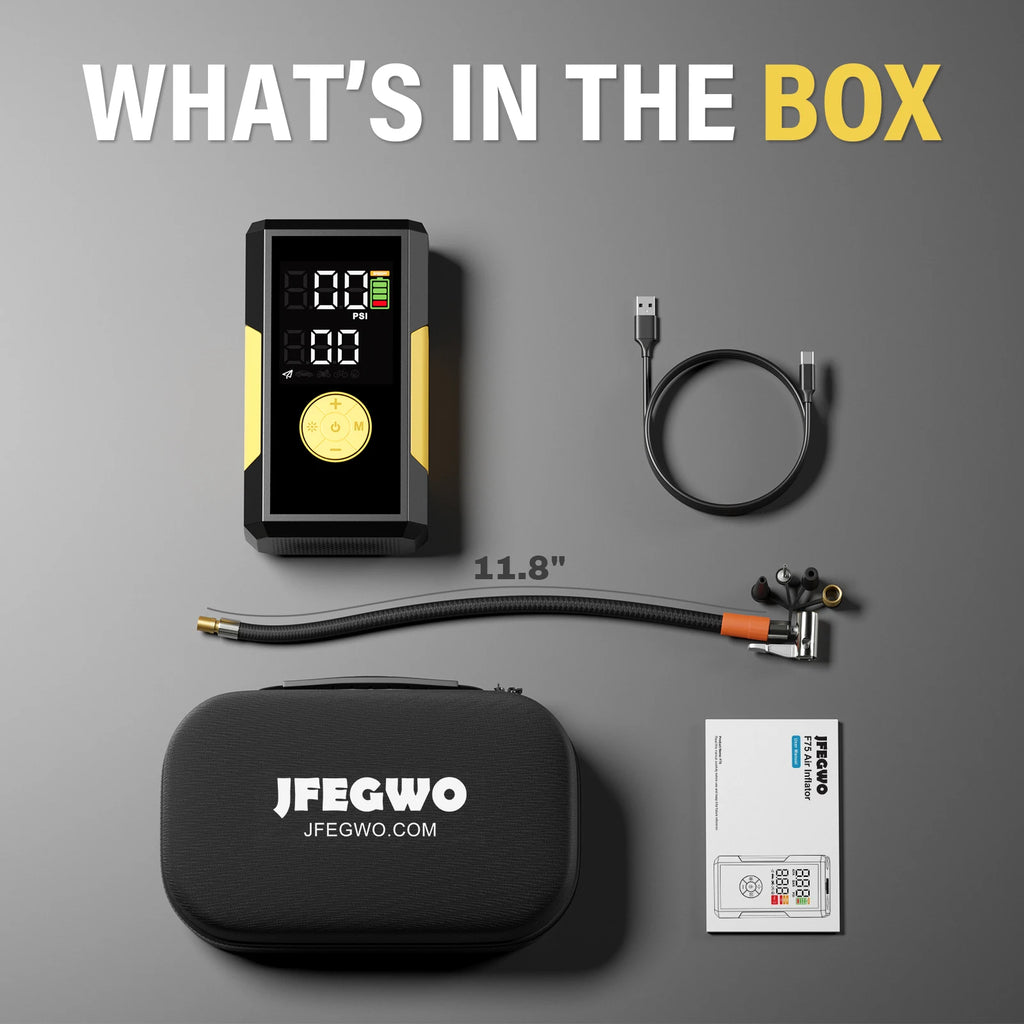 JFEGWO 3-in-1 Portable Air Pump 150PSI, Tire Inflator with Digital Display, Power Bank & LED Light for Car Motorcycle Bike Ball