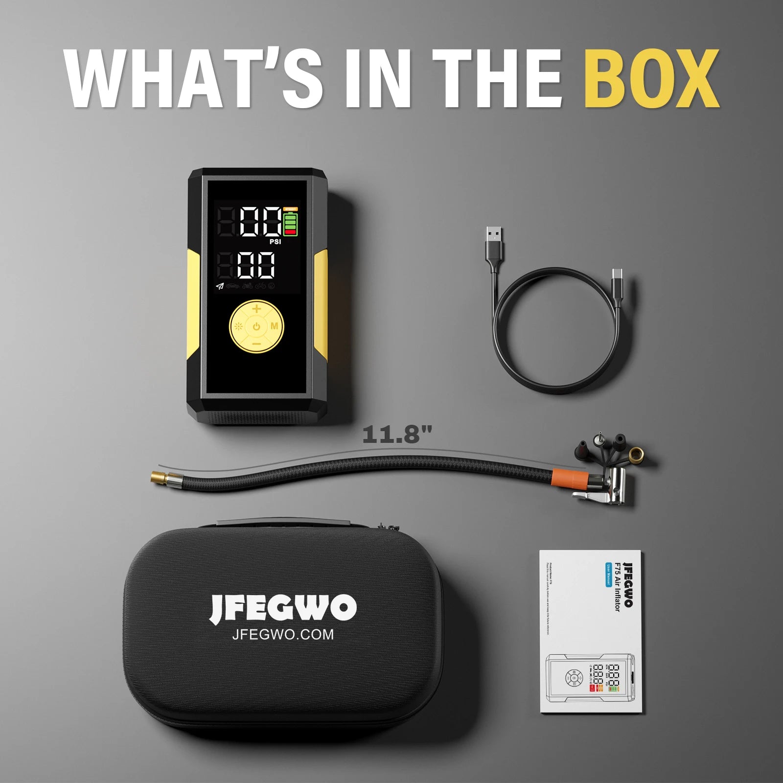JFEGWO 3-in-1 Portable Air Pump 150PSI, Tire Inflator with Digital Display, Power Bank & LED Light for Car Motorcycle Bike Ball