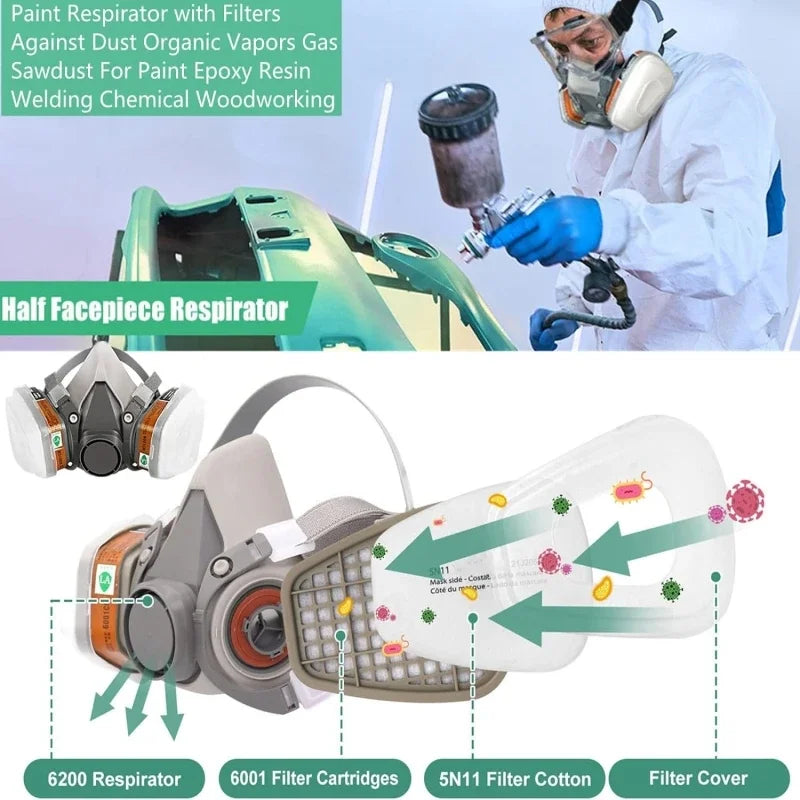 6200 Dust Gas Mask Filters with Protective Fog-proof Glasses Safety Work Suit Industrial Half Face Painting Spraying Respirator