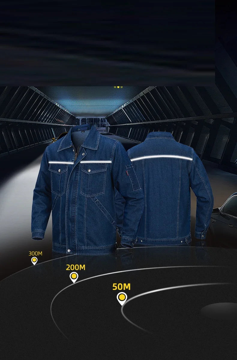 Summer Denim work clothes for men women Reflective stripe safety working Uniform Mechanic repairman worker Coverall welding Suit