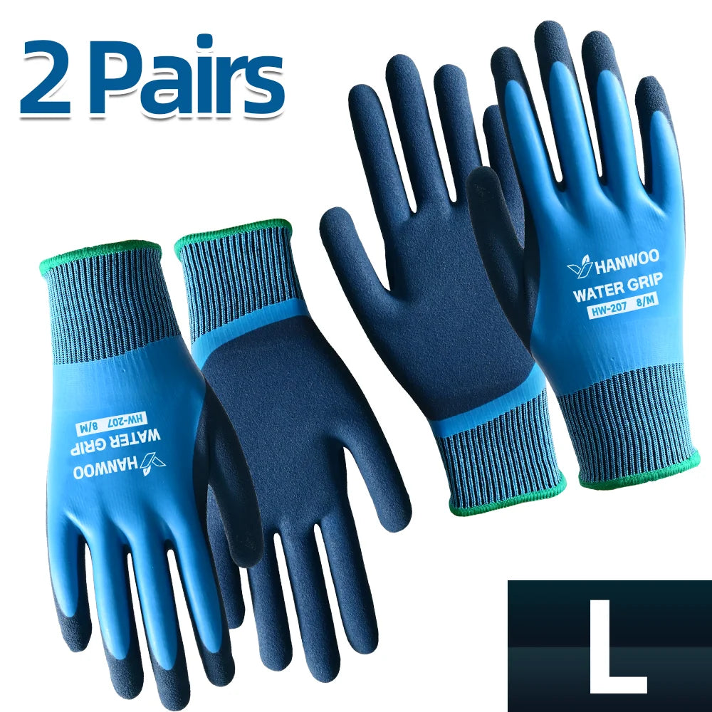 HANWOO Waterproof Safety Work Gloves, Full Latex Coating, Non-Slip and Wear-Resistant, Gardening、Fishing、Outdoor, 2 Pairs