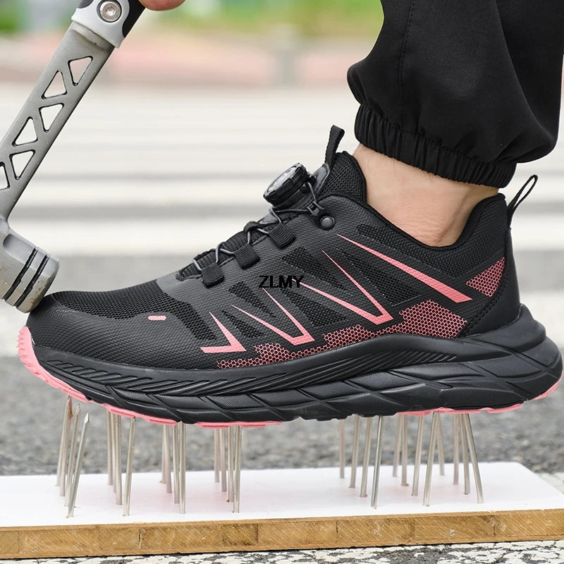 New Women Safety Shoes Rotated Button Men Woman Steel Toe Sneakers Puncture Proof Anti-smash Work Safety Boots Female Industrial