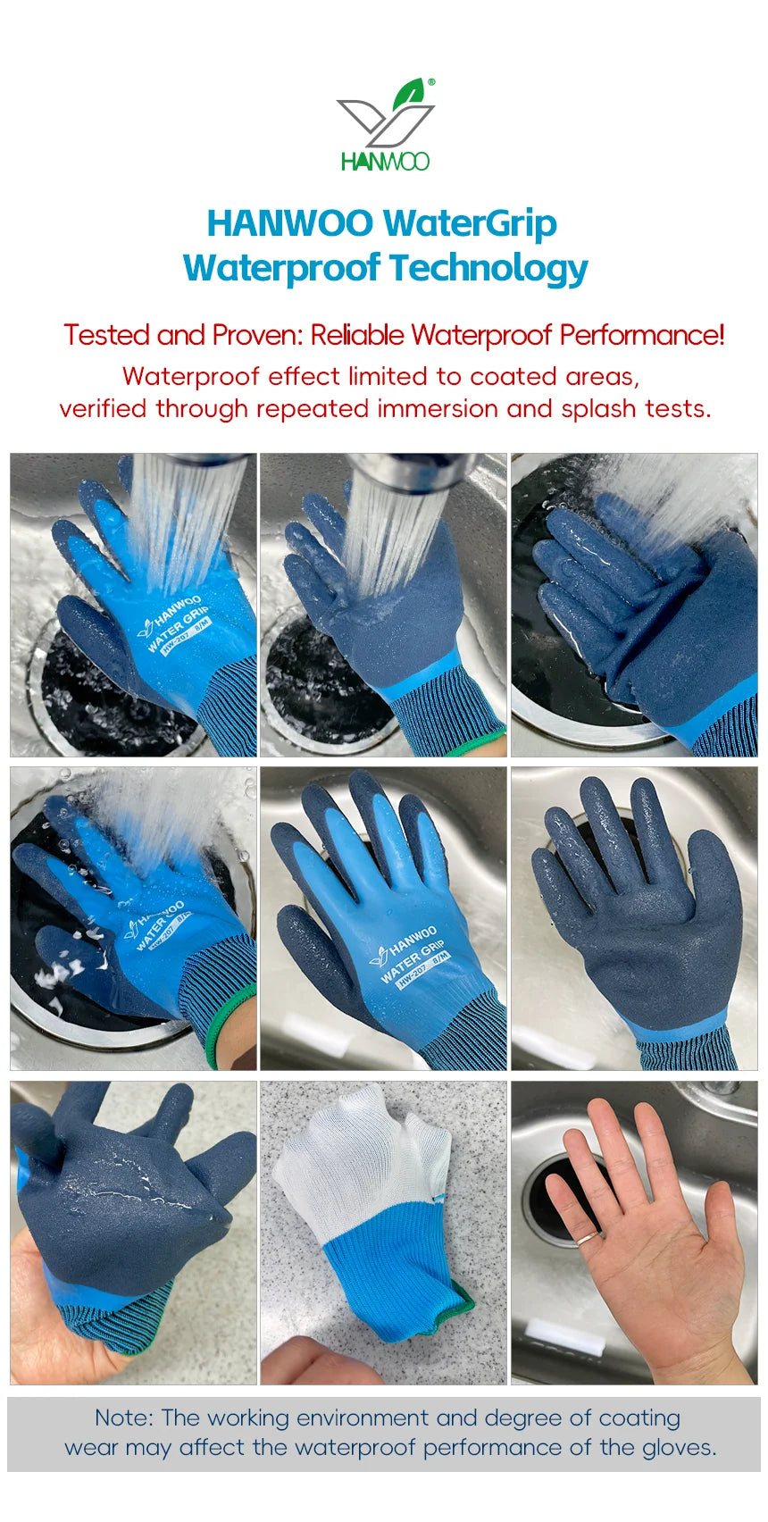 HANWOO Waterproof Safety Work Gloves, Full Latex Coating, Non-Slip and Wear-Resistant, Gardening、Fishing、Outdoor, 2 Pairs