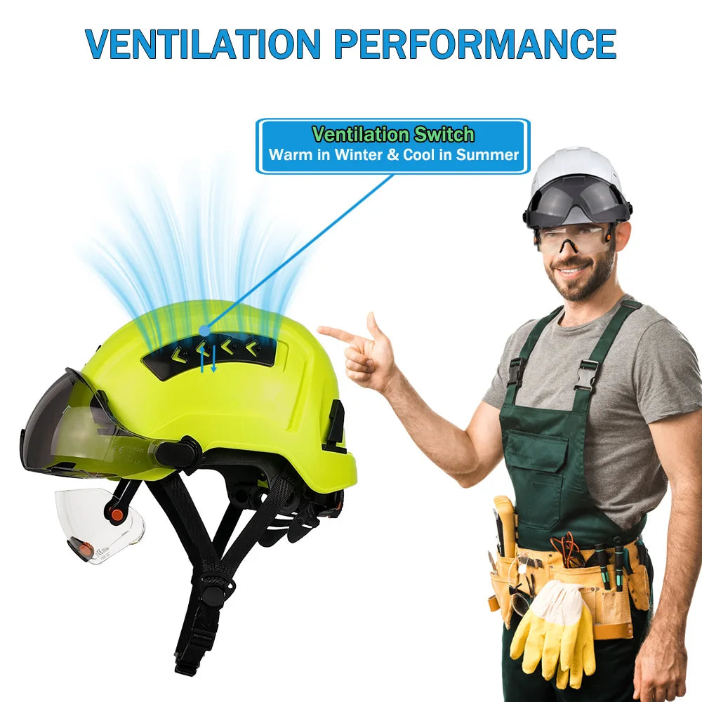 CE Safety Helmet Double Goggles Sliding Vented ABS Hard Hat Construction Site Work Cap for Industrial Engineering Protective