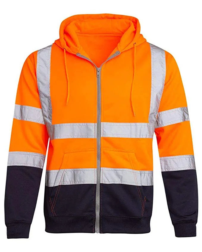 Reflective Strip Men Hoodie Coat Safe Warning Drawstring Zipper Long Sleeve Sanitation Overalls Outdoor Work Safety Jacket