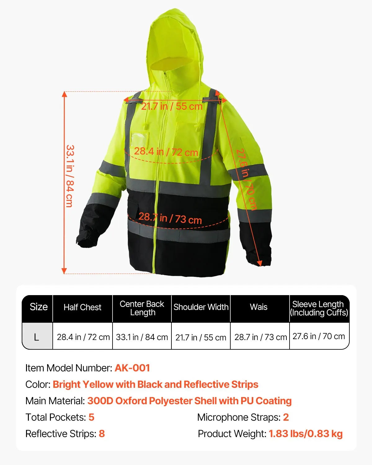 High Visibility Reflective Safety Jacket Waterproof Hoodie Yellow With Black L