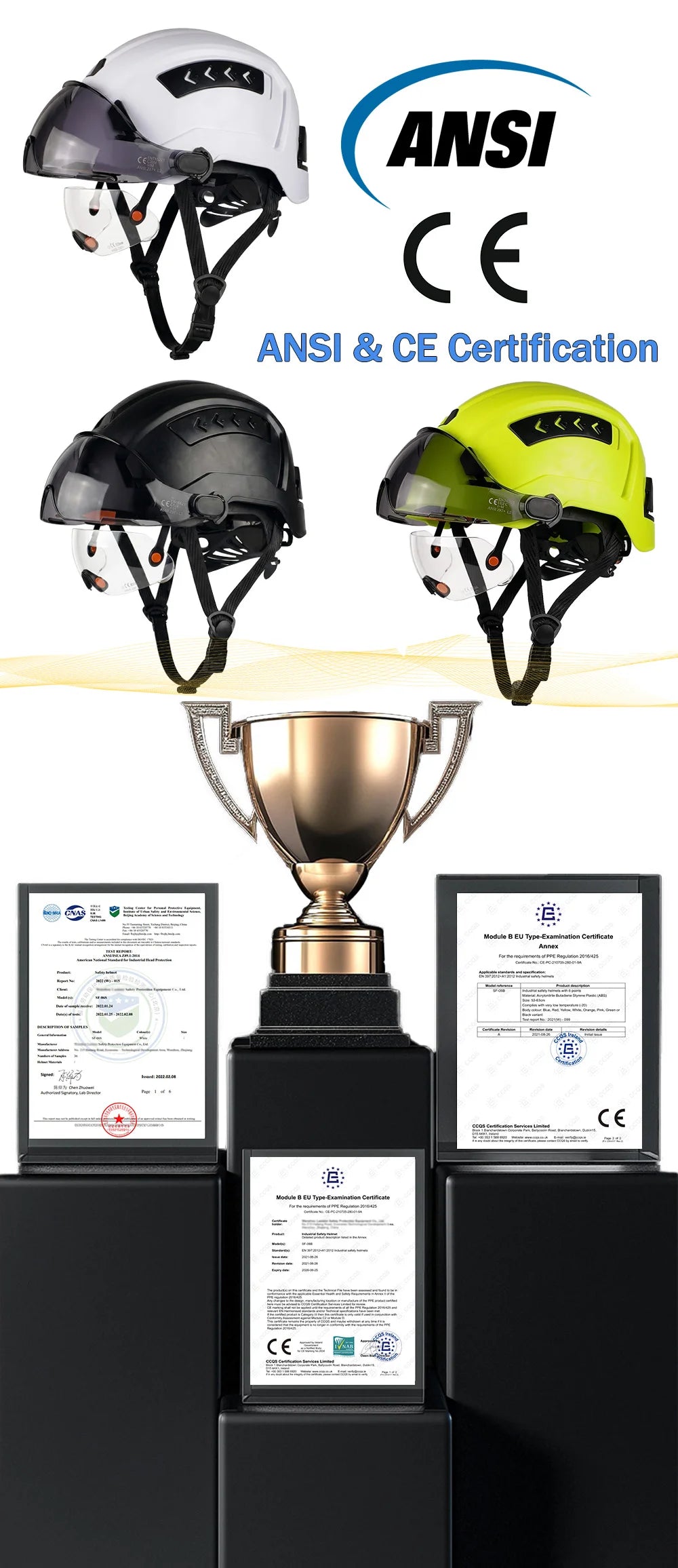 CE Safety Helmet Double Goggles Sliding Vented ABS Hard Hat Construction Site Work Cap for Industrial Engineering Protective