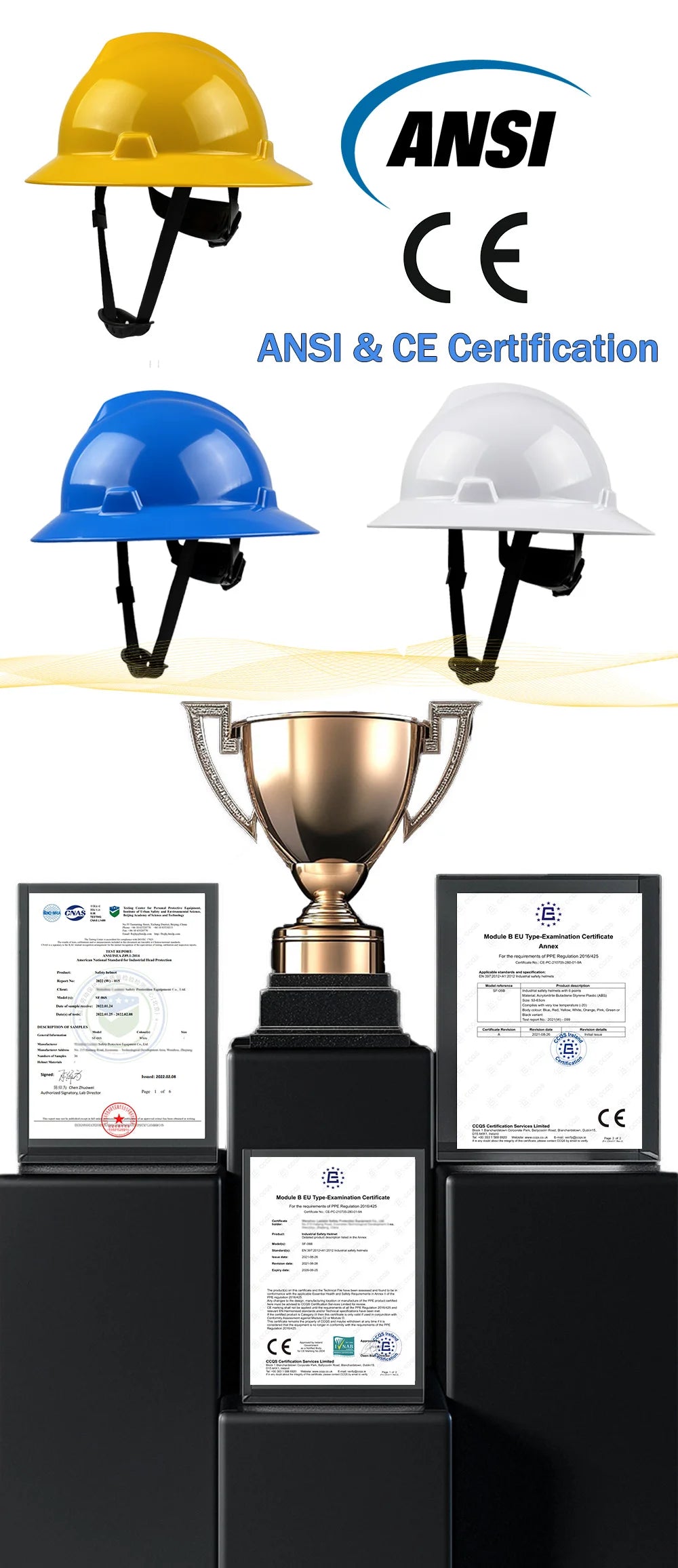 CE Full Brim Hard Hat with 6-Point Suspension HDPE Construction Safety Helmet ANSI Z89.1 Compliant for Site Safety