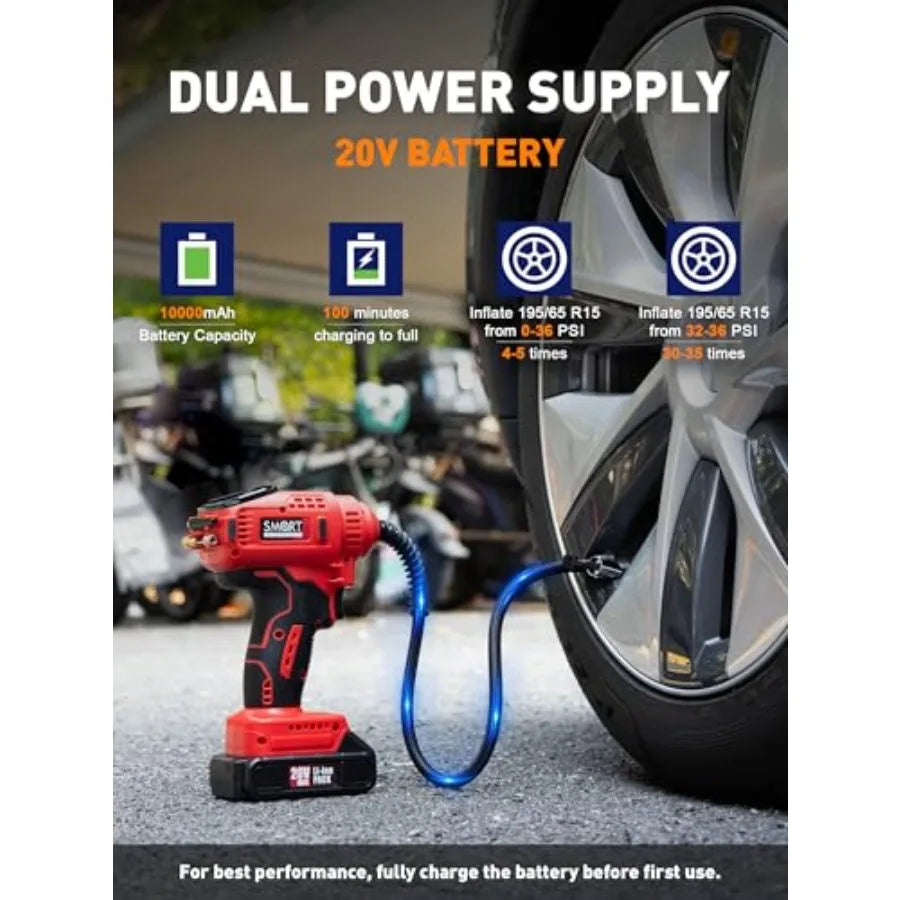 - Car Tire Inflator Portable Air Compressor 20V/12V Dual-Power Cordless Air Pump with 150 PSI Max Pressure and Smart Auto-Stop