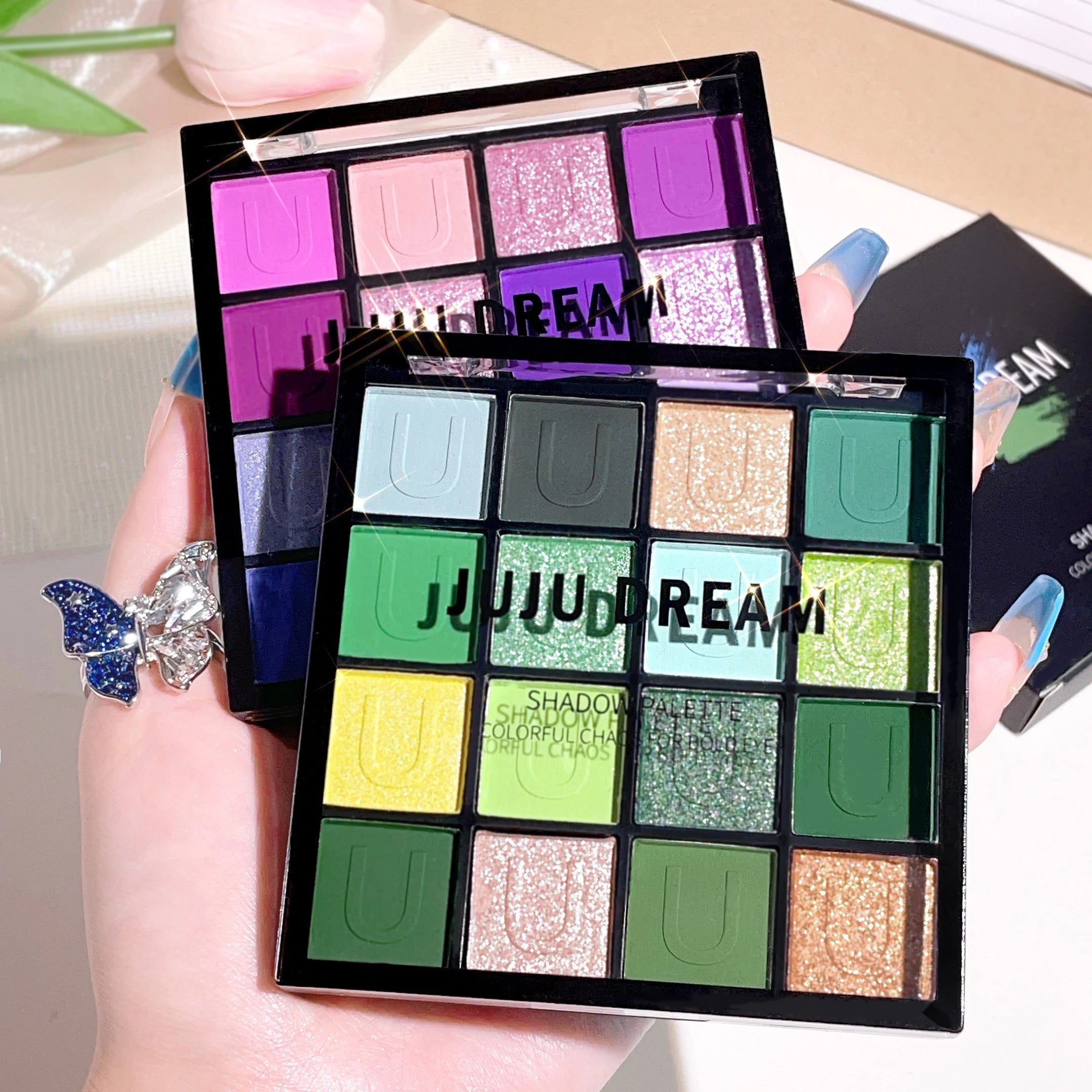 16 grid red eyeshadow tray Purple, glitter pearl matte eyeshadow, Shimmer makeup lasting women, Korean eye cosmetics