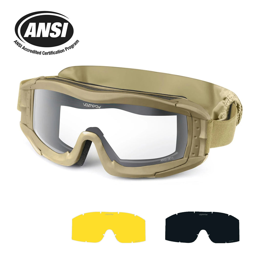 Vozapow Professional Shooting Goggles ANSI Z87.1 Safety Anti Fog Airsoft Tactical Glasses Motorcycle Mountaineering Sunglasses