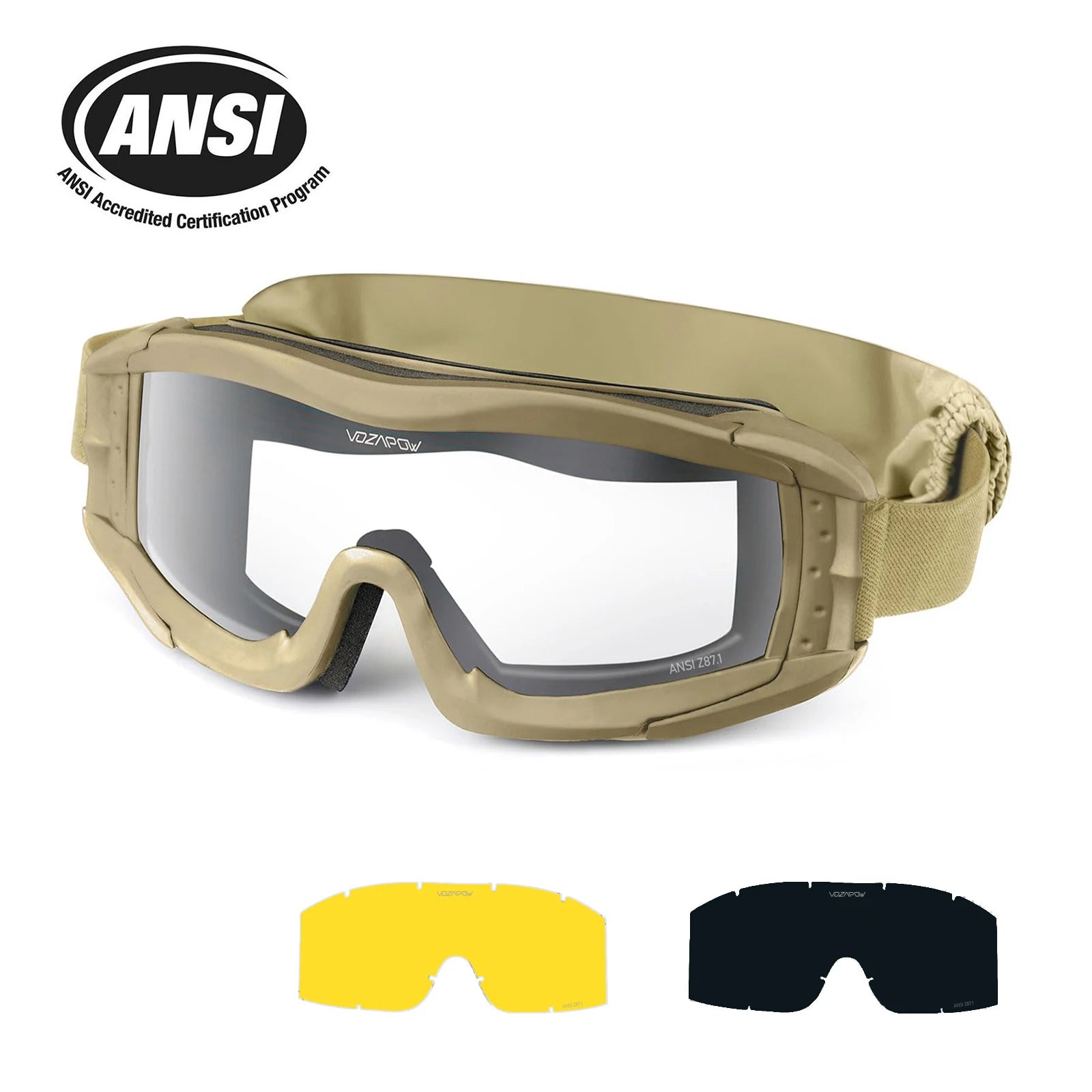 Vozapow Professional Shooting Goggles ANSI Z87.1 Safety Anti Fog Airsoft Tactical Glasses Motorcycle Mountaineering Sunglasses