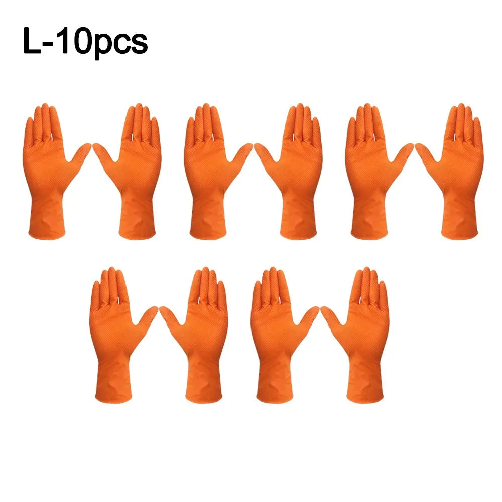 10pcs Heavy Duty Nitrile Gloves Orange Black with Diamond Textured Safety Gloves Waterproof Wear-Resistant Disposable Gloves