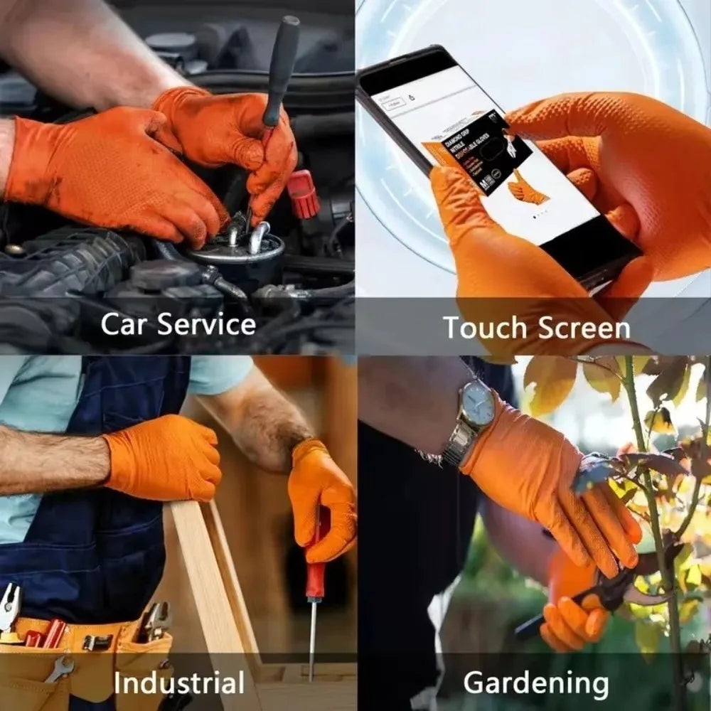 10pcs Heavy Duty Nitrile Gloves Orange Black with Diamond Textured Safety Gloves Waterproof Wear-Resistant Disposable Gloves
