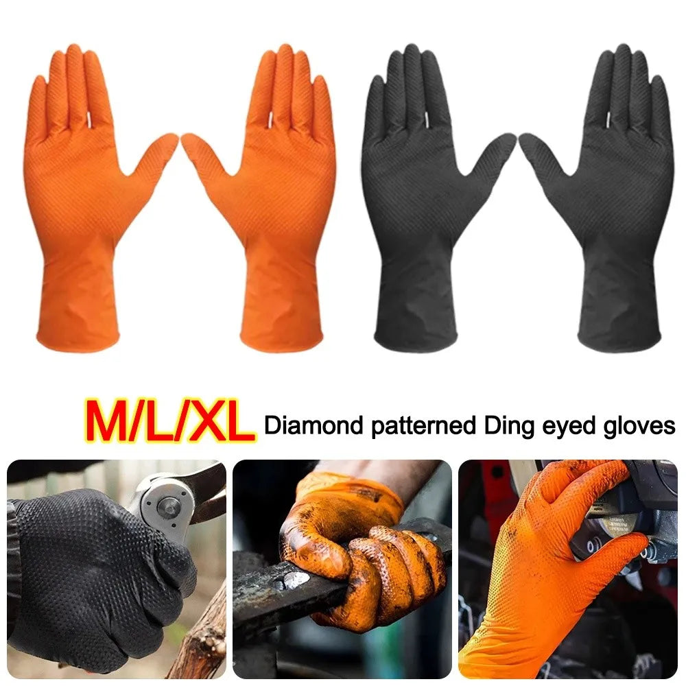 10pcs Heavy Duty Nitrile Gloves Orange Black with Diamond Textured Safety Gloves Waterproof Wear-Resistant Disposable Gloves
