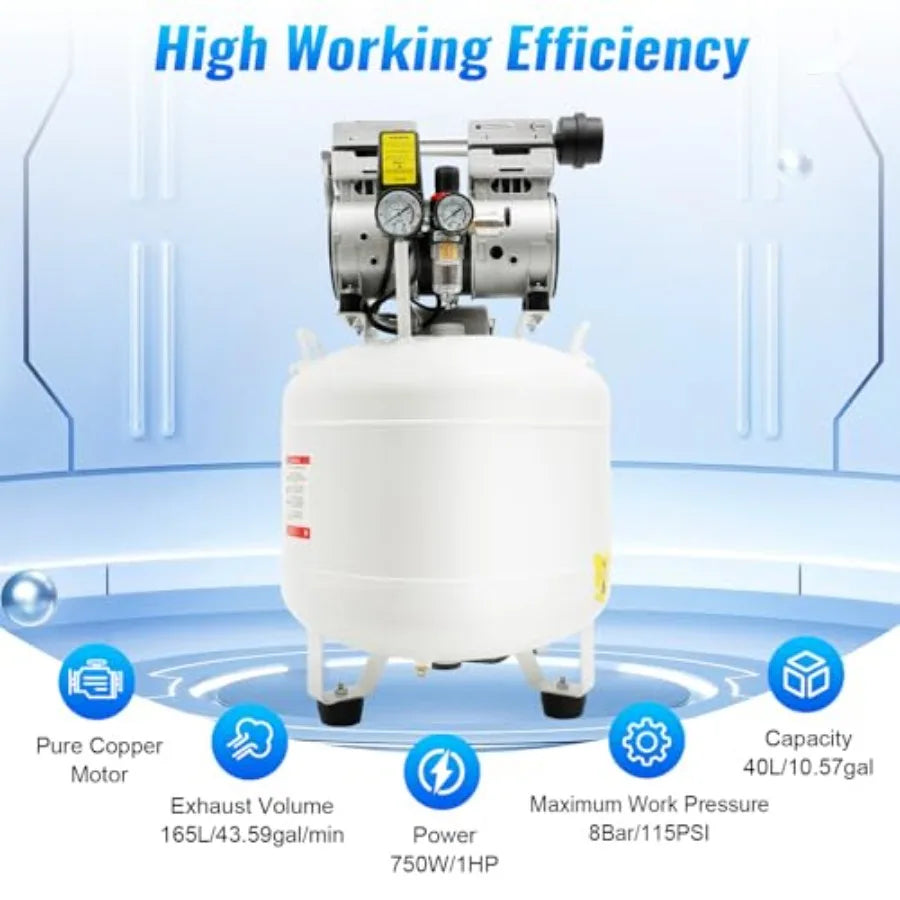 Medical air compressor for hospitals and dental clinics: 40L oil-free portable quiet air pump, 110V commercial-grade, stainless