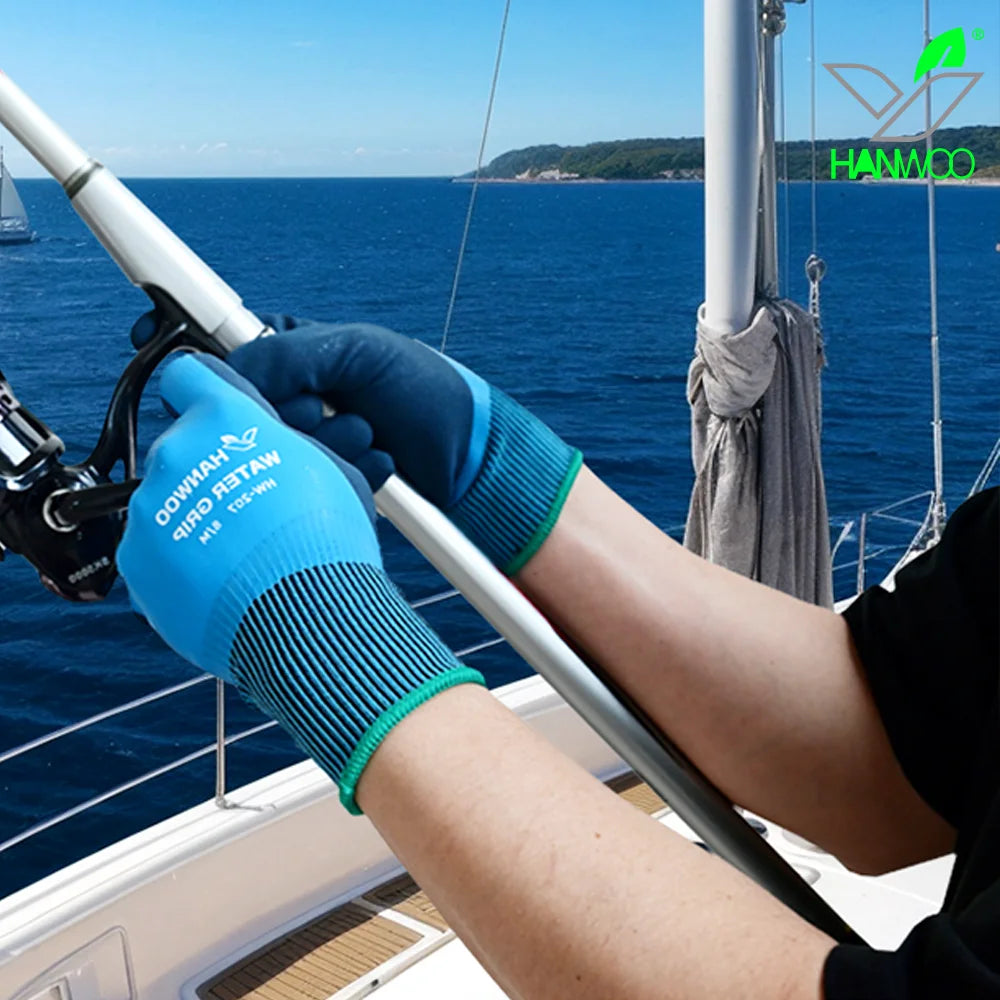 HANWOO Waterproof Safety Work Gloves, Full Latex Coating, Non-Slip and Wear-Resistant, Gardening、Fishing、Outdoor, 2 Pairs