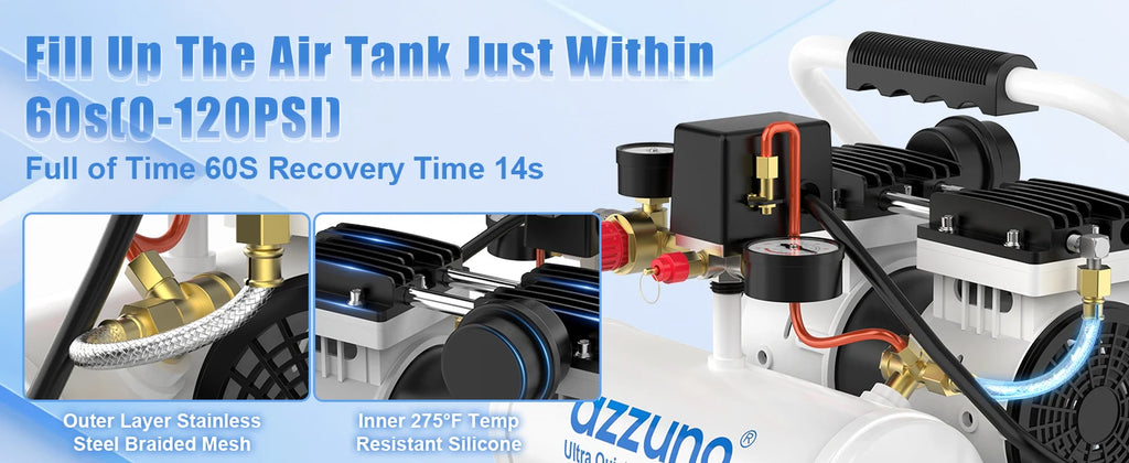 AZZUNO 500W Air Compressor Quiet Oil-free Portable Air Pump for Home Repair Tire Inflation Whisper Compressor