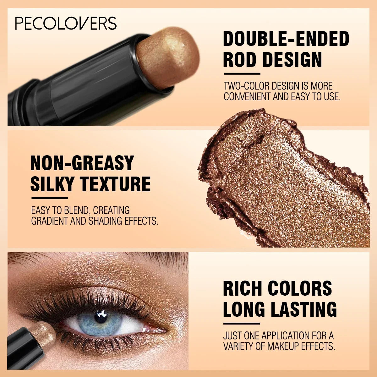 1PC Shimmer Double Head Eyeshadow Stick, Colorful, Waterproof, Easy Blend, for Stage Makeup and Music Festivals