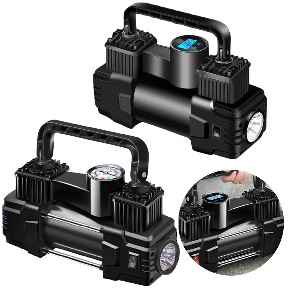 12V 150PSI Mini Air Compressor Dual Cylinder Auto Inflatable Pump with LED Light Heavy Duty Deluxe Portable Metal Air Compressor