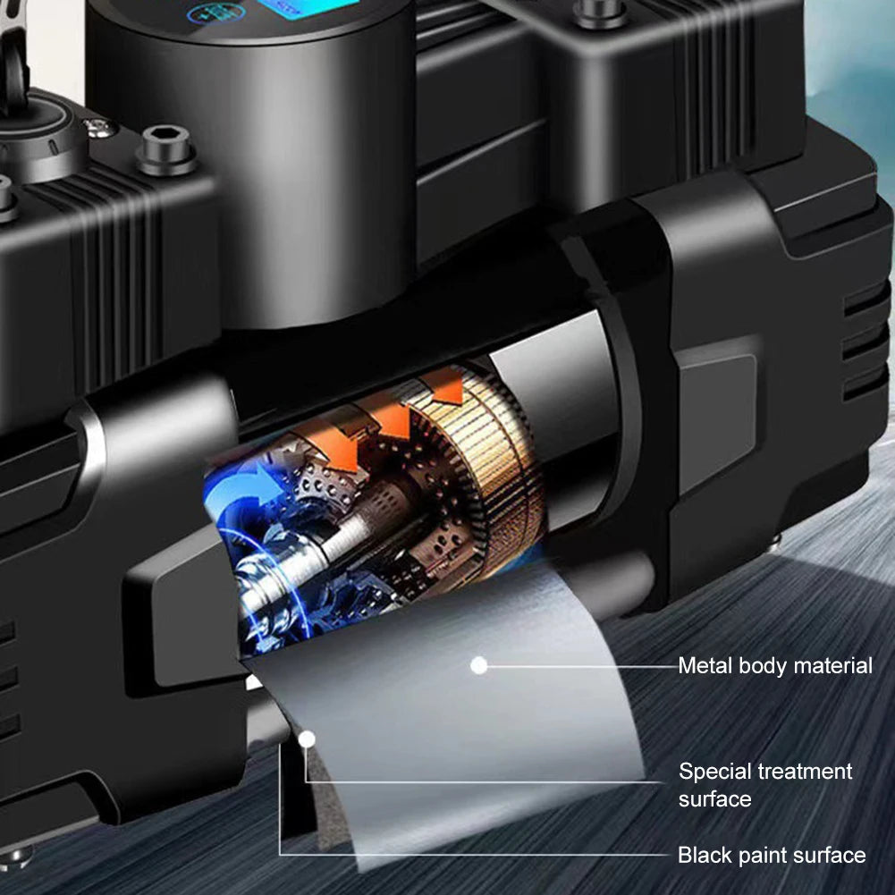12V 150PSI Mini Air Compressor Dual Cylinder Auto Inflatable Pump with LED Light Heavy Duty Deluxe Portable Metal Air Compressor