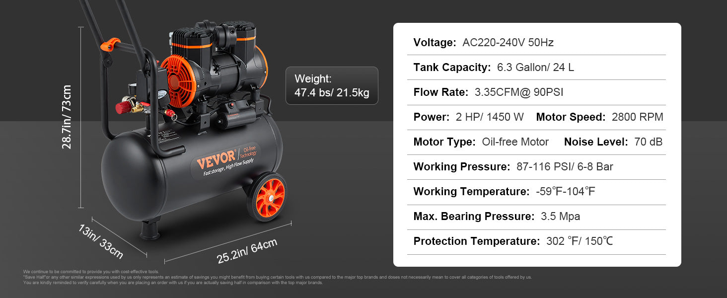 SucceBuy Silent Air Compressor 900W 1450W 1800W Quiet Oil-free Portable Air Pump for Repair Tire Inflation Whisper Compressor
