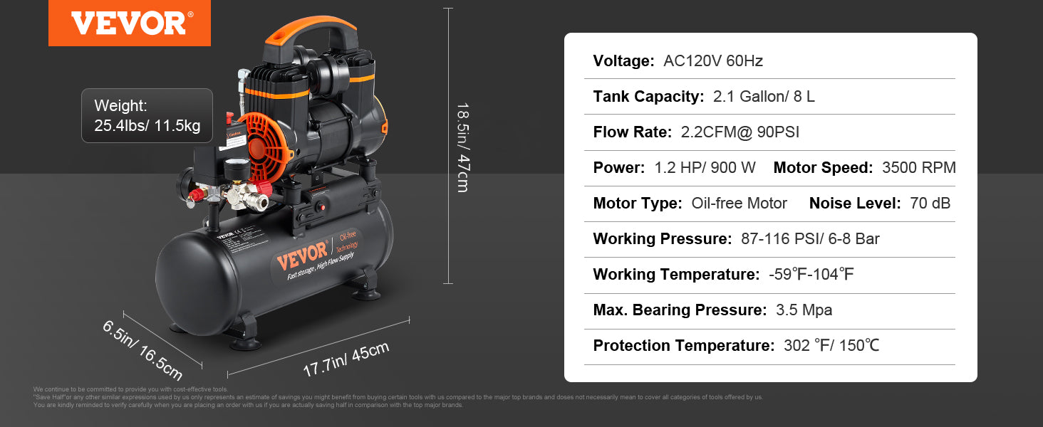 SucceBuy Silent Air Compressor 900W 1450W 1800W Quiet Oil-free Portable Air Pump for Repair Tire Inflation Whisper Compressor