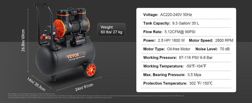 SucceBuy Silent Air Compressor 900W 1450W 1800W Quiet Oil-free Portable Air Pump for Repair Tire Inflation Whisper Compressor