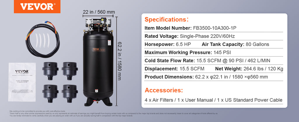 VEVOR 80 Gallon Air Compressor 6.5HP 145PSI Oil Free Air Compressor Ultra Quiet Compressor for Industrial Sites Auto Repair