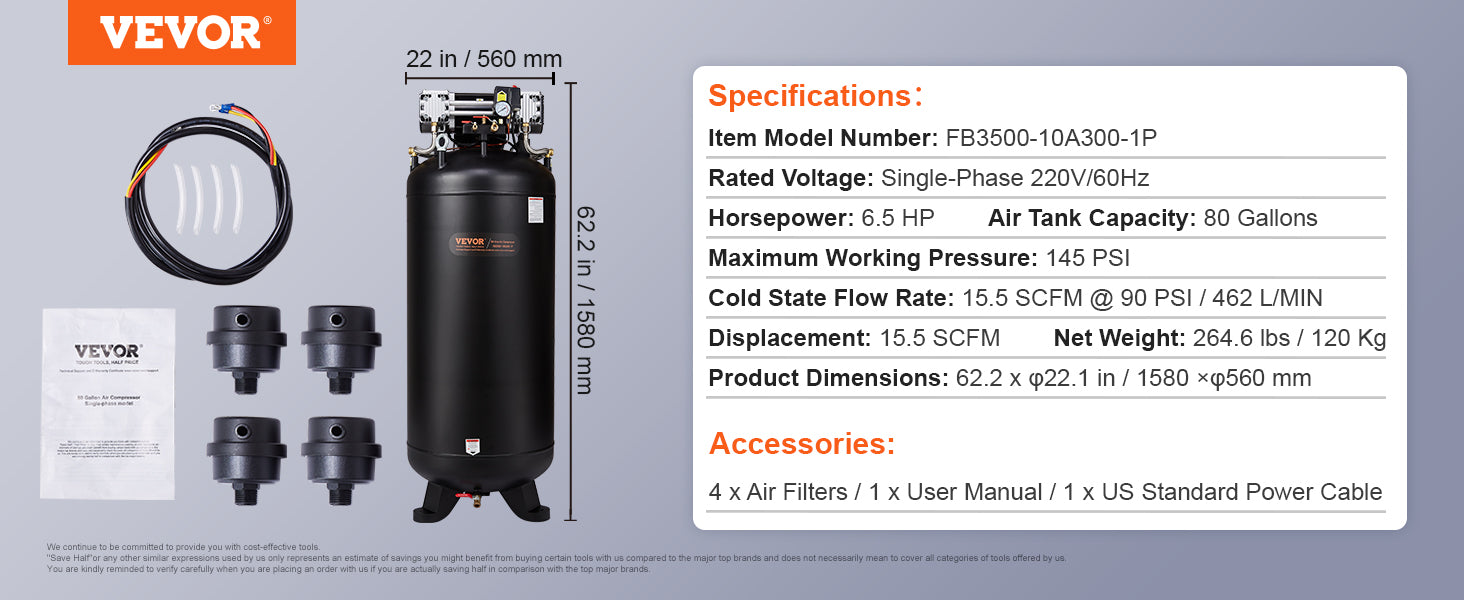 VEVOR 80 Gallon Air Compressor 6.5HP 145PSI Oil Free Air Compressor Ultra Quiet Compressor for Industrial Sites Auto Repair