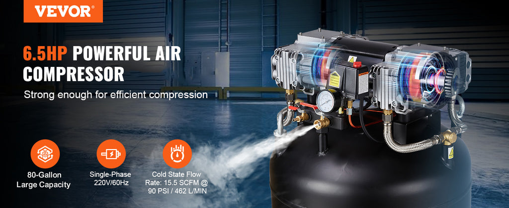 VEVOR 80 Gallon Air Compressor 6.5HP 145PSI Oil Free Air Compressor Ultra Quiet Compressor for Industrial Sites Auto Repair