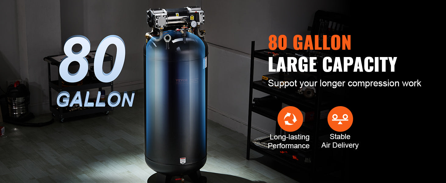 VEVOR 80 Gallon Air Compressor 6.5HP 145PSI Oil Free Air Compressor Ultra Quiet Compressor for Industrial Sites Auto Repair