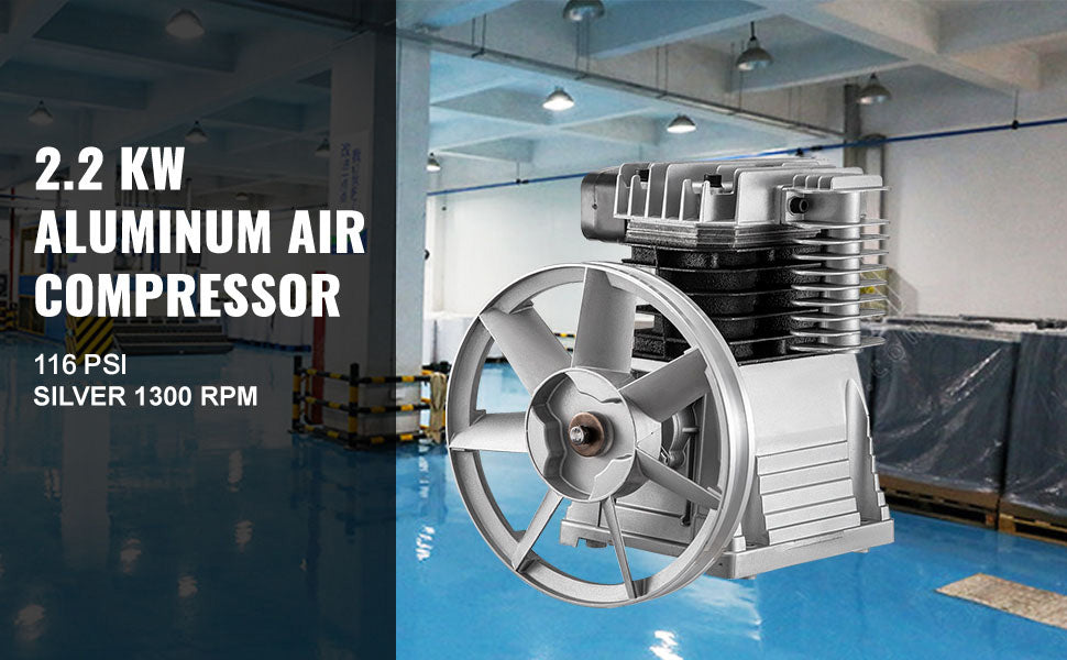 Heavy-Duty Twin Cylinder Air Compressor Pump Head - 2.2KW (3HP), 375 L/MIN (12 CFM), Single Stage