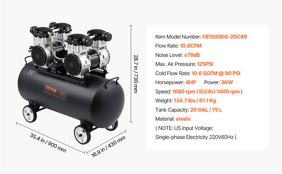 SucceBuy Air Compressor 750W/1450W/3000W Oil Free Air Compressor Quiet Portable Compressor Pump for Auto Repair Tire Inflation